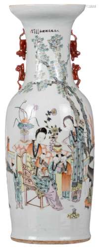 A Chinese polychrome decorated vase with court ladies, children in a garden and calligraphic texts, signed, H 61 cm