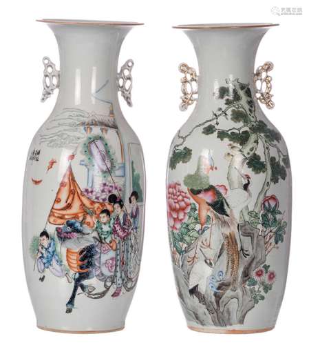 Two Chinese polychrome vases, depicting a parade and birds on a flower rock, H 57,5 - 58 cm