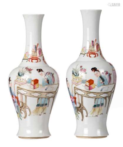 Two Chinese famille rose baluster shaped vases, decorated with two court ladies and a child, with a Jiaqing mark, H 31 - 32 cm