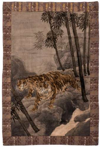 A Chinese tapestry depicting tigers in a landscape, textile heightened with watercolor and gouache, late Qing period, 107 x 163 cm (damage)