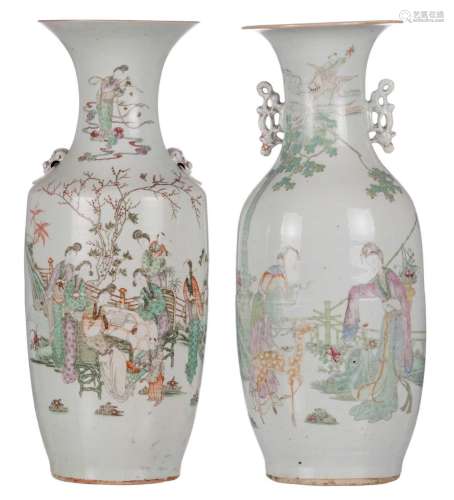 Two Chinese famille rose vases, decorated with animated scenes in a garden, one marked, H 57 - 58 cm