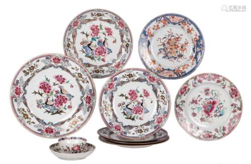 Seven Chinese famille rose floral decorated dishes, 18thC; added a ditto cup and saucer and a Chinese Imari dish, Diameter 22,5 - 28,5 / H 4,5 cm