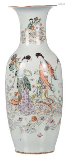 A Chinese polychrome vase, decorated with an animated scene and calligraphic texts, H 59,5 cm