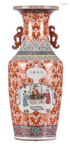 A Chinese iron red and famille rose floral decorated vase, the roundels with a court and garden scene, 19thC, H 61,5 cm