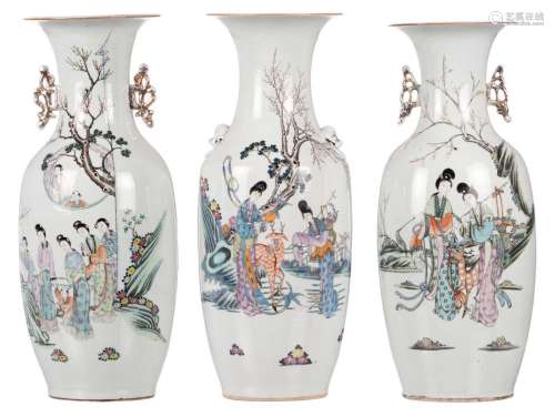 Three Chinese polychrome decorated vases with garden scenes and calligraphic texts, H 57,5 cm