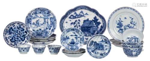 A set of Chinese blue and white cups and saucers, two dishes and a plate, 18thC, H 3,5 - 4,5 / Diameter 10 - 21 cm