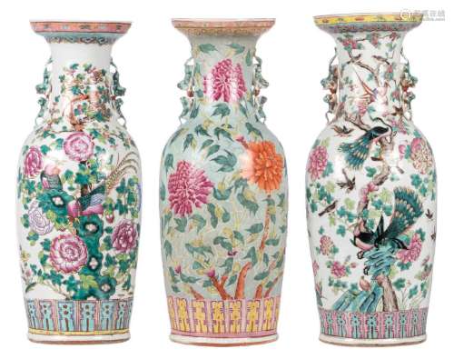 Two Chinese famille rose vases, decorated with phoenixes, birds and flower branches, 19thC; added a ditto turquoise ground vase, decorated with flower branches and butterflies, 19thC, H 60 - 60,5 cm
