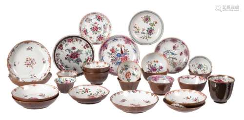 A set of Chinese batavia ground and famille rose cups and saucers, 18thC, H 3,5 - 7 (cups) – D 12 - 13,5 (saucers) cm