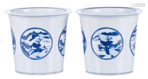 Two Chinese blue and white ko-sometsuke transitional type jardinières, decorated with figures in landscapes, marked, H 19,5 cm