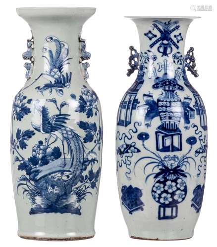 Two Chinese celadon ground blue and white vases, one vase with phoenixes and a flower branch and one vase with antiquities, H 58 - 59,5 cm