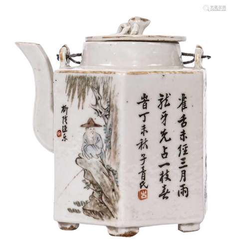 A Chinese hexagonal polychrome teapot and cover, decorated with an animated scene, a landscape and a bird on a flower branch, marked and signed, about 1900, H 13,5 cm (minor chip and hairline to the top rim)