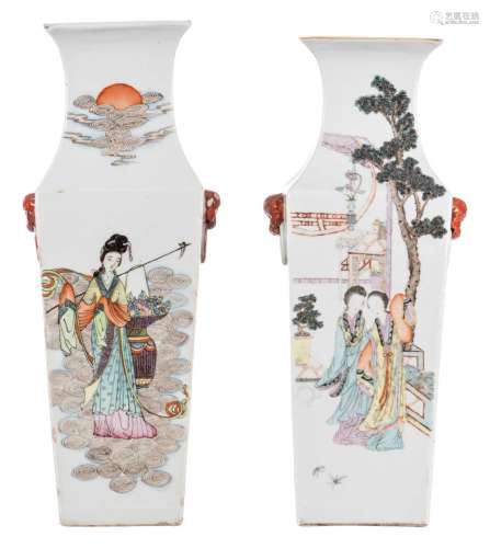 Two Chinese quadrangular polychrome vases, decorated with ladies and children, H 54,5 - 57 cm