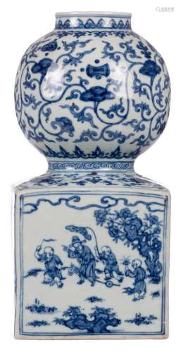 A rare Chinese blue and white vase, decorated with animated scenes and flowers, with a Wanli mark, H 37 cm