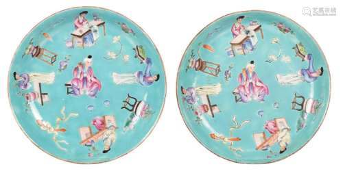 A pair of Chinese turquoise ground famille rose dishes, decorated with figures, antiquities and flower branches, marked Jaiqing, H 4 - D 24 cm