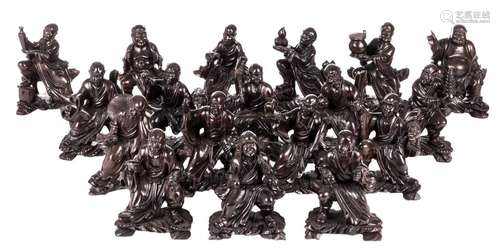 Eighteen Chinese wooden sculptures of Lohan Buddha's, about 1900, H 21 - 21,5 cm (minor damage)