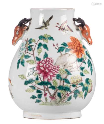 A rare Chinese polychrome deer head vase, decorated with ducks, flowers, a bird and butterflies, Guangxu mark and period, H 33 cm