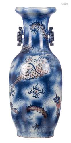 A Chinese overall polychrome decorated vase with dragons and flaming pearl, 19thC, H 59 cm