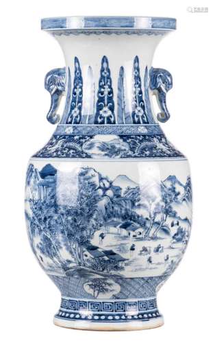 A Chinese blue and white baluster shaped vase, overall decorated with figures in a mountainous landscape, the handles elephant head shaped, with a Jiaqing mark,  H 61 cm