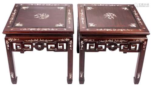 A pair of Chinese exotic wood occasional tables, with mother of pearl inlay, H 54,5 - W 55,5 - D 55,5 cm