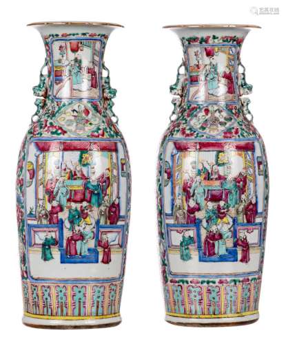 A pair of Chinese famille rose floral decorated vases, the roundels with a court and a warrior scene, H 61 cm (crack)