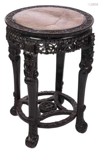 A Chinese carved hardwood stool with marble top, about 1900, H 80 - D 55 cm