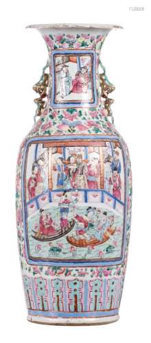 A Chinese famille rose floral decorated vase, the roundels with a court and a warrior scene, 19thC, H 63,6 cm (perforation in the bottom)