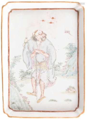 A Chinese quadrangular plate, decorated with a figure in a landscape, 17,5 x 24,5 cm