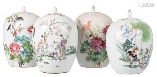 Four Chinese famille rose ginger jars and covers, decorated with animated scenes, birds on flower branches and calligraphic texts, H 30,5 - 31,5 cm