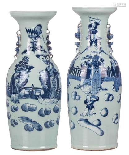 Two Chinese celadon ground and blue and white vases, decorated with an animated scene, H 59 - 61 cm