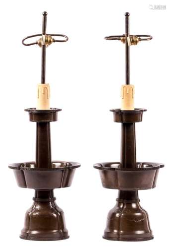 A pair of Chinese bronze candlesticks, mounted as a lamp, about 1800, H 48 cm (only the candlestick)