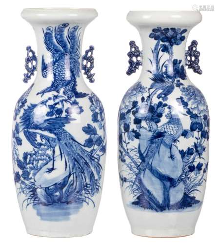 Two Chinese celadon blue and white vases, decorated with birds on flower branches, H 58 cm