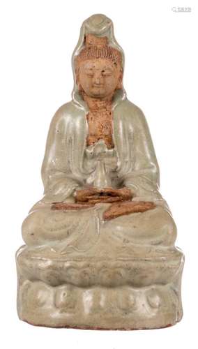 A celadon glazed stoneware figure of a seated Guanyin, H 28 cm