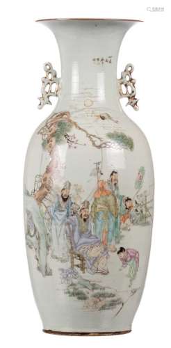 A Chinese polychrome vase, decorated with a genrescene, marked, H 57,5 cm