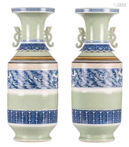 A pair of Chinese celadon ground vases, the friezes with blue and white and polychrome decoration; the roundels with animated scenes, H 61 cm