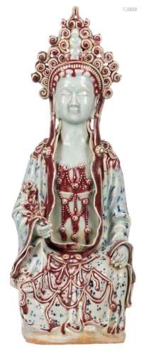 A Chinese celadon ground sitting Guanyin, blue and iron red glazed, H 47 - W 14,5 cm
