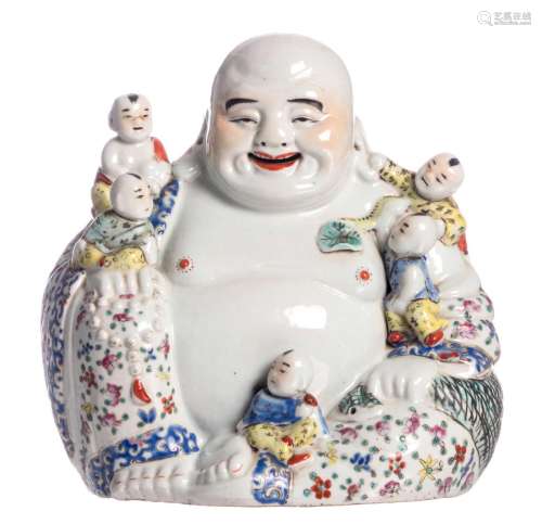 A Chinese polychrome Budai, accompanied by children, marked, about 1900, H 25 cm