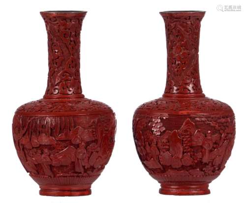 A pair of Chinese red lacquer vases, overall decorated with figures in a landscape, 19thC, H 18 cm