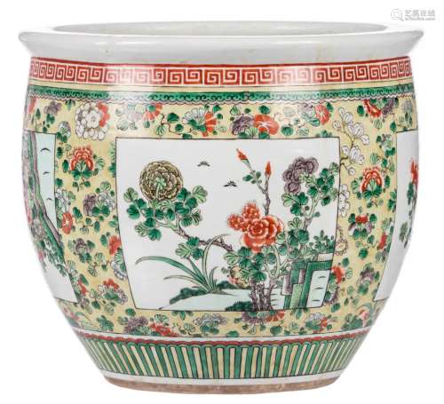 A Chinese famille verte and yellow ground cache pot, overall floral decorated, H 31 - W 36 cm