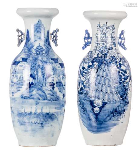 Two Chinese blue and white vases, one decorated with a peacock and flower branches, one decorated with figures in a mountainous landscape, 19thC, H 58 - 59 cm