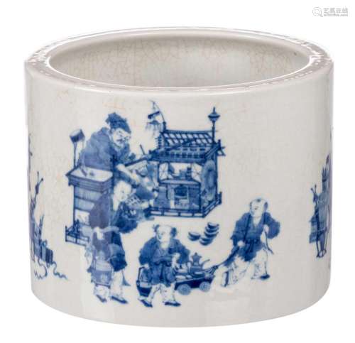 A Chinese blue and white brushpot, decorated with animated scenes, marked, 20thC, H 15 - Diameter 20 cm