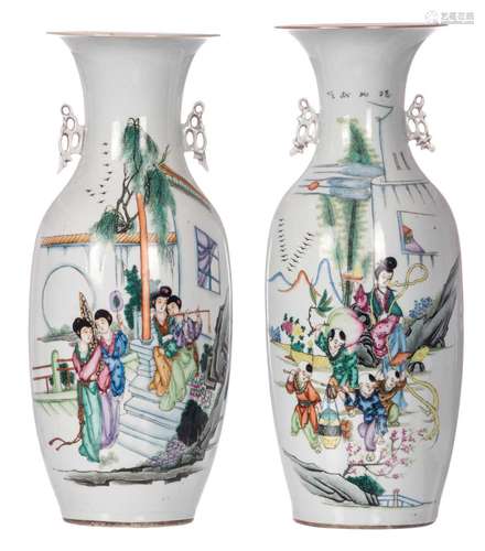 Two Chinese polychrome vases, decorated with animated scenes, H 57 - 59 cm