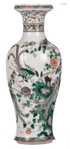 A Chinese famille verte baluster vase, decorated with phoenixes on a flower branch, 19thC, H 60 cm