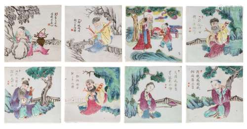 Eight Chinese famille rose tiles, decorated with the Eight Immortals, 19thC, about 13 x 13,5 cm