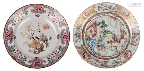 Two Chinese famille rose export porcelain dishes, one decorated with an animated scene, one decorated with flower branches, 18thC, D 22,5- 23 cm