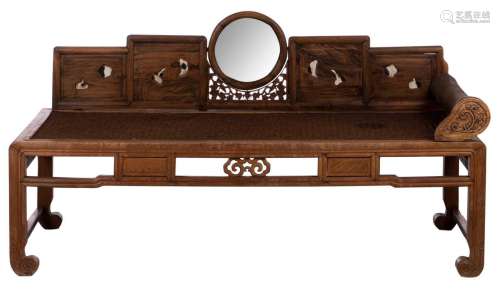 A Chinese wooden bench, the back with carvings and a mirror with sisal seat, 20thC, H 88,5 - W 172,5 - D 72 cm