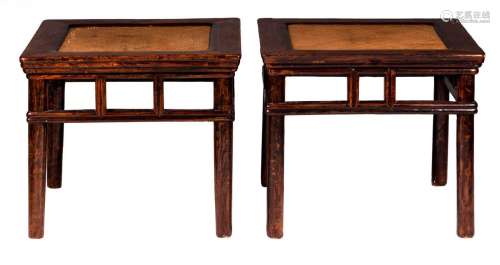 Two Chinese hardwood quadrangular benches with cane seat, about 1900, H 52 - W 63 - D 63 cm