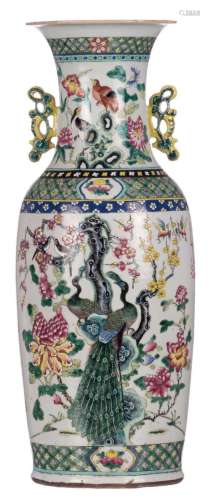 A Chinese polychrome vase, decorated on both sides, depicting birds, flower branches and kylins, 19thC, H 61 cm