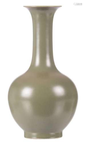 A Chinese monochrome olive green glazed bottle vase, with a blue underglaze mark, H 25 cm