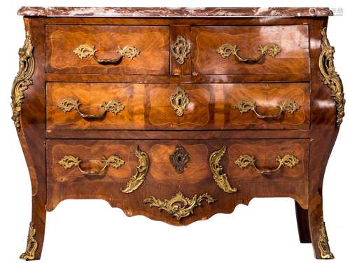 A French mahogany veneered Rococo style commode, bronze mounts and a rouge royal marble top, H 90 - W 116 - D 53 cm