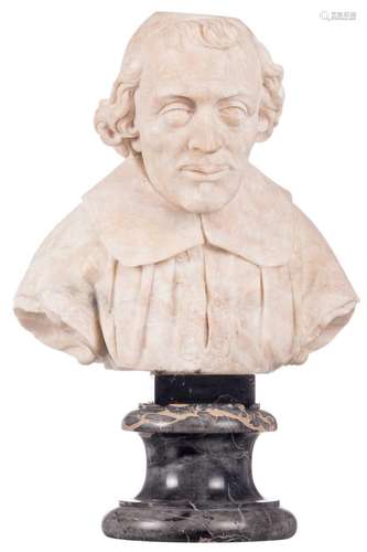 A marble bust of the 17thC French cardinal Richelieu on a gray marble base, H 39 (without base) - 56 cm (with base)